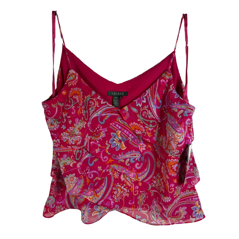 Lauren Ralph Lauren Silk Paisley Ruffle Cami Top Hibiscus Geranium Pink 16 NWT